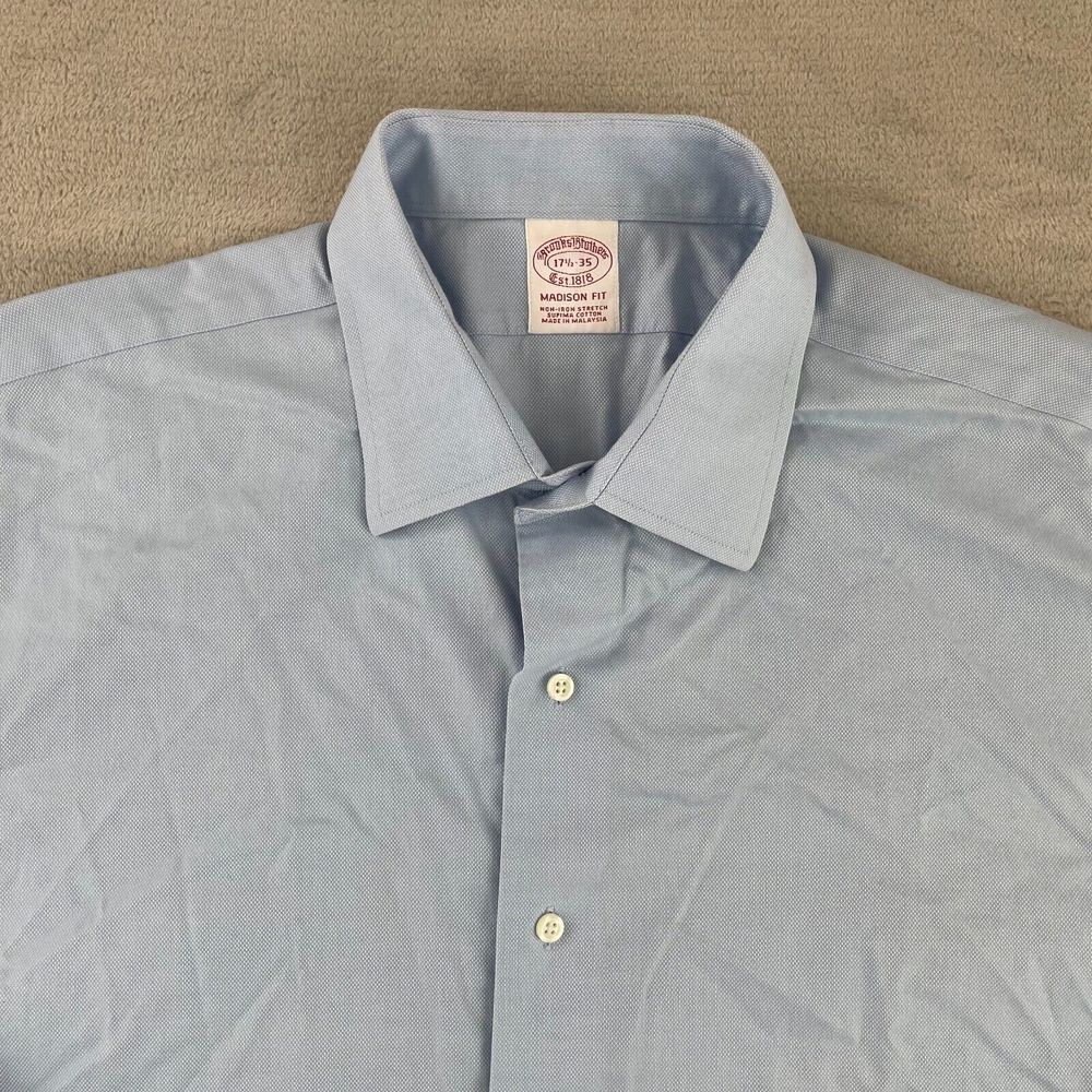 Brooks Brothers Shirt Men 17.5 35 Blue Madison Fit Non Iron Long Sleeve Office